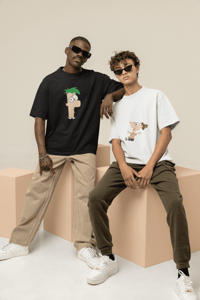 mockup of two men wearing trendy oversized t shirts m26204 min