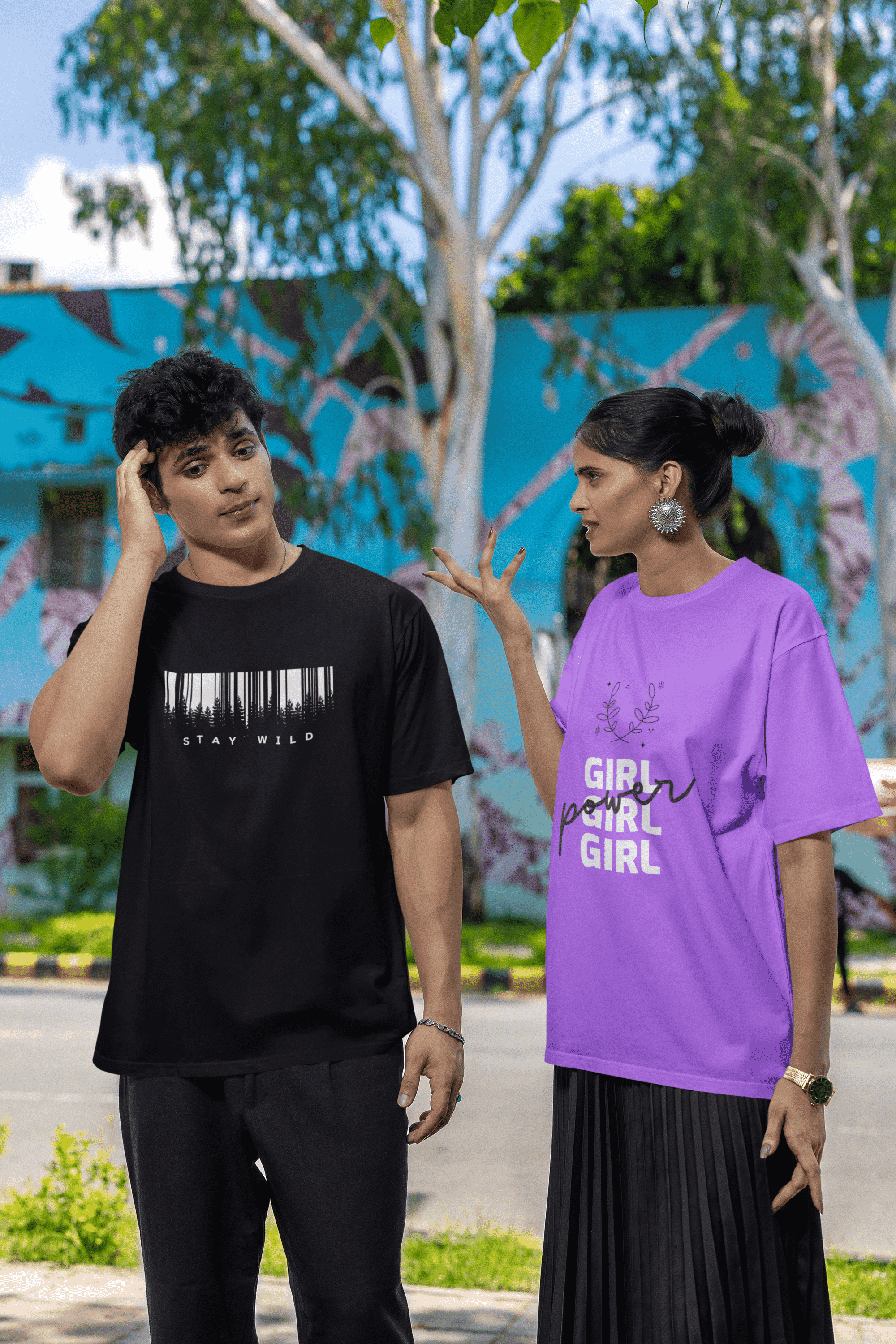 blinkstore t shirt mockup of a serious woman talking with a man m39127 2 min