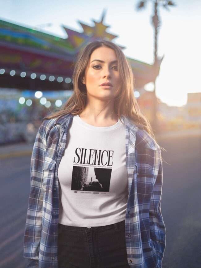 portrait of a beautiful woman wearing a crop top tee mockup a19435