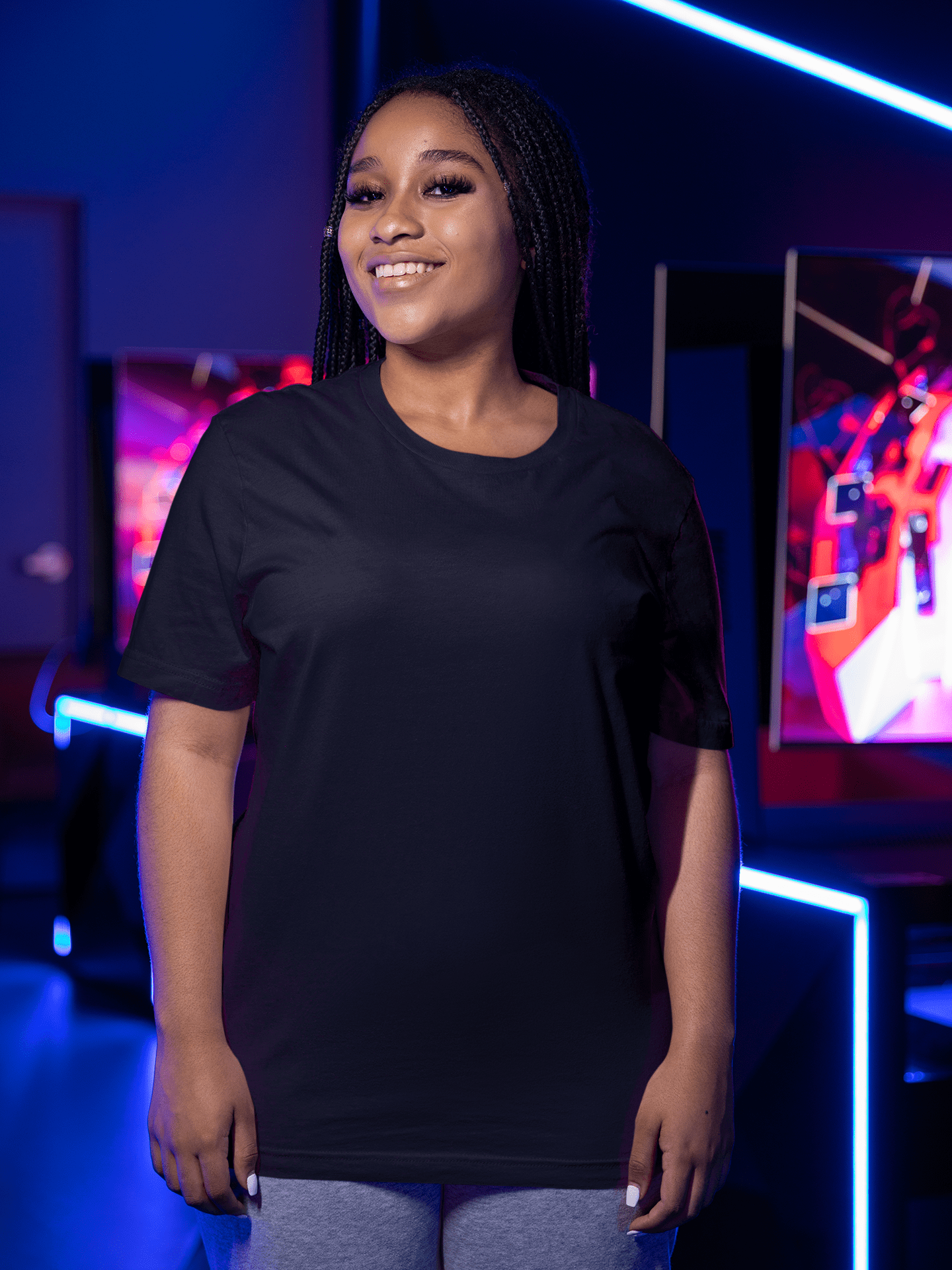 t shirt mockup of a woman posing at a gamers arena m28543 min