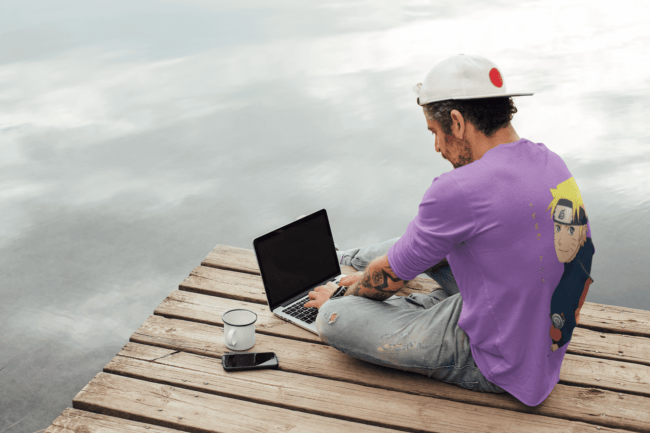 back view tee mockup of a man with an arm tattoo working outdoors m9073 r el2 8