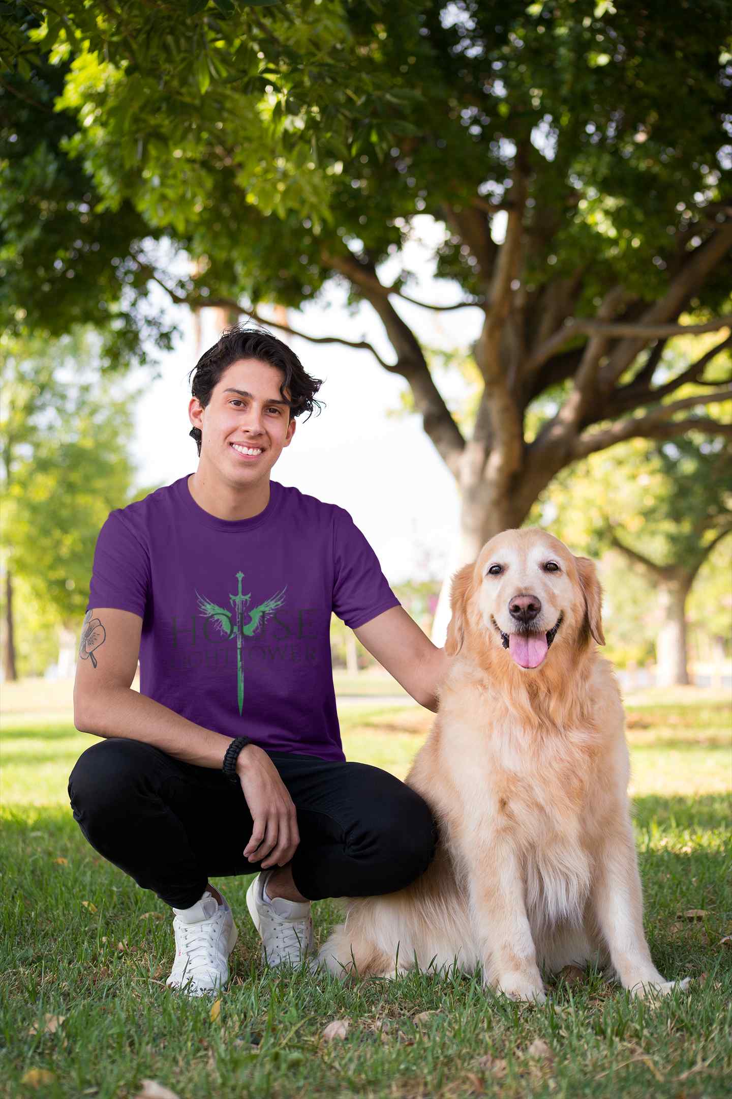 shirt mockup of a man crouching next to his dog 28049 1