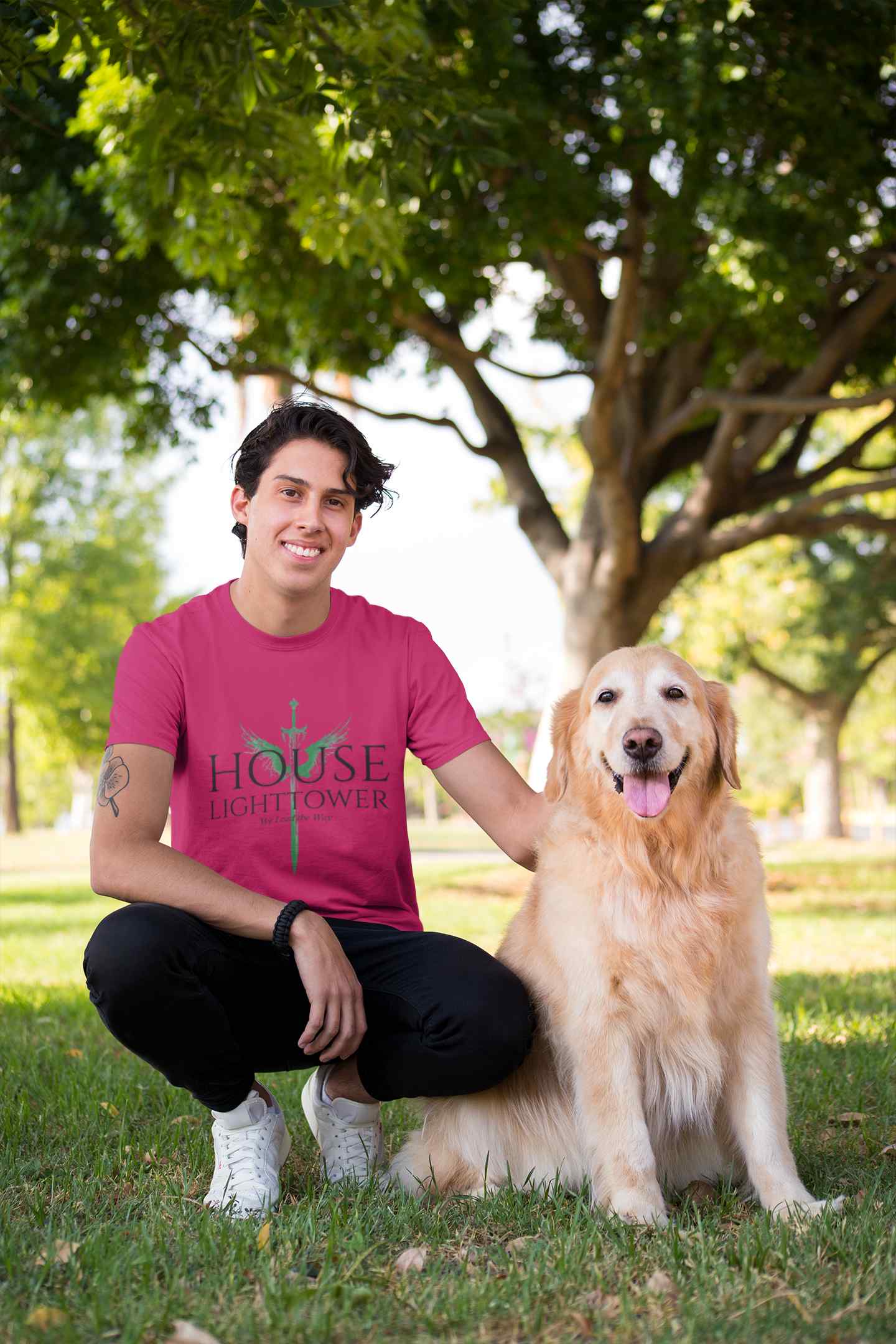 shirt mockup of a man crouching next to his dog 28049 2