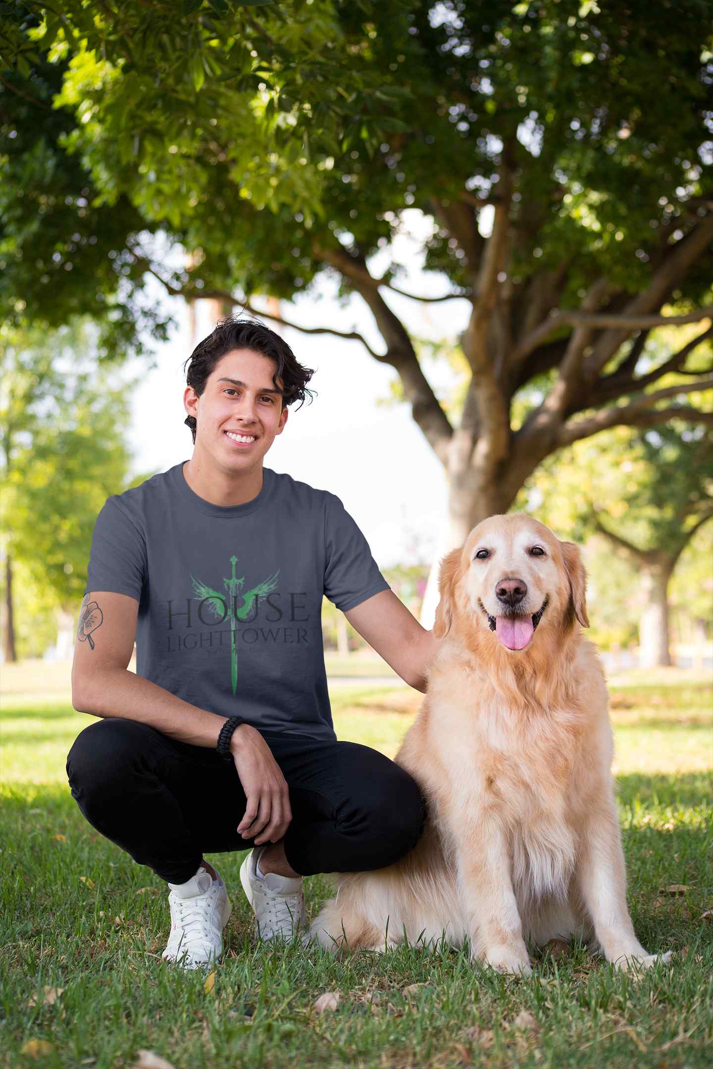 shirt mockup of a man crouching next to his dog 28049 3