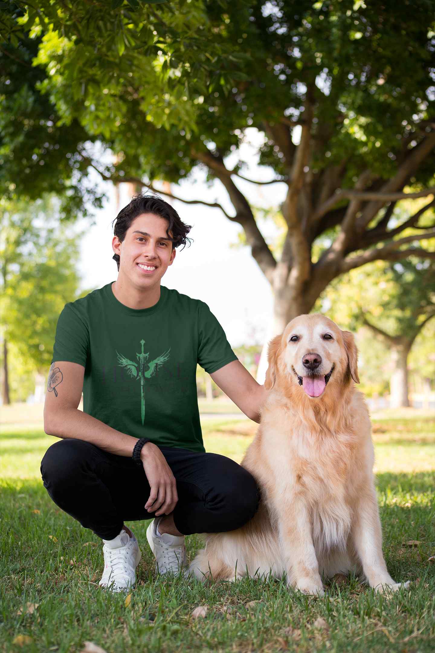 shirt mockup of a man crouching next to his dog 28049 4