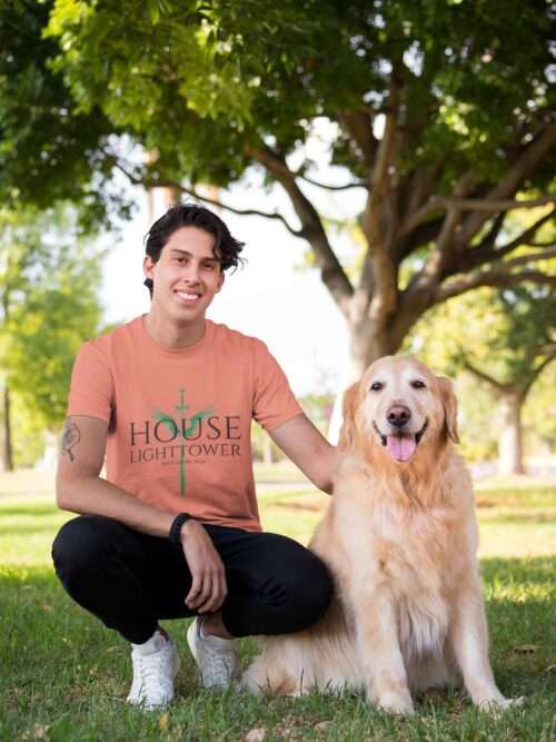 shirt mockup of a man crouching next to his dog 28049