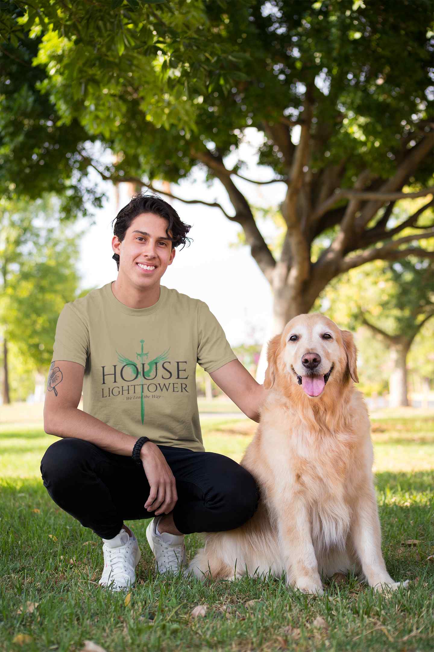 shirt mockup of a man crouching next to his dog 28049 6