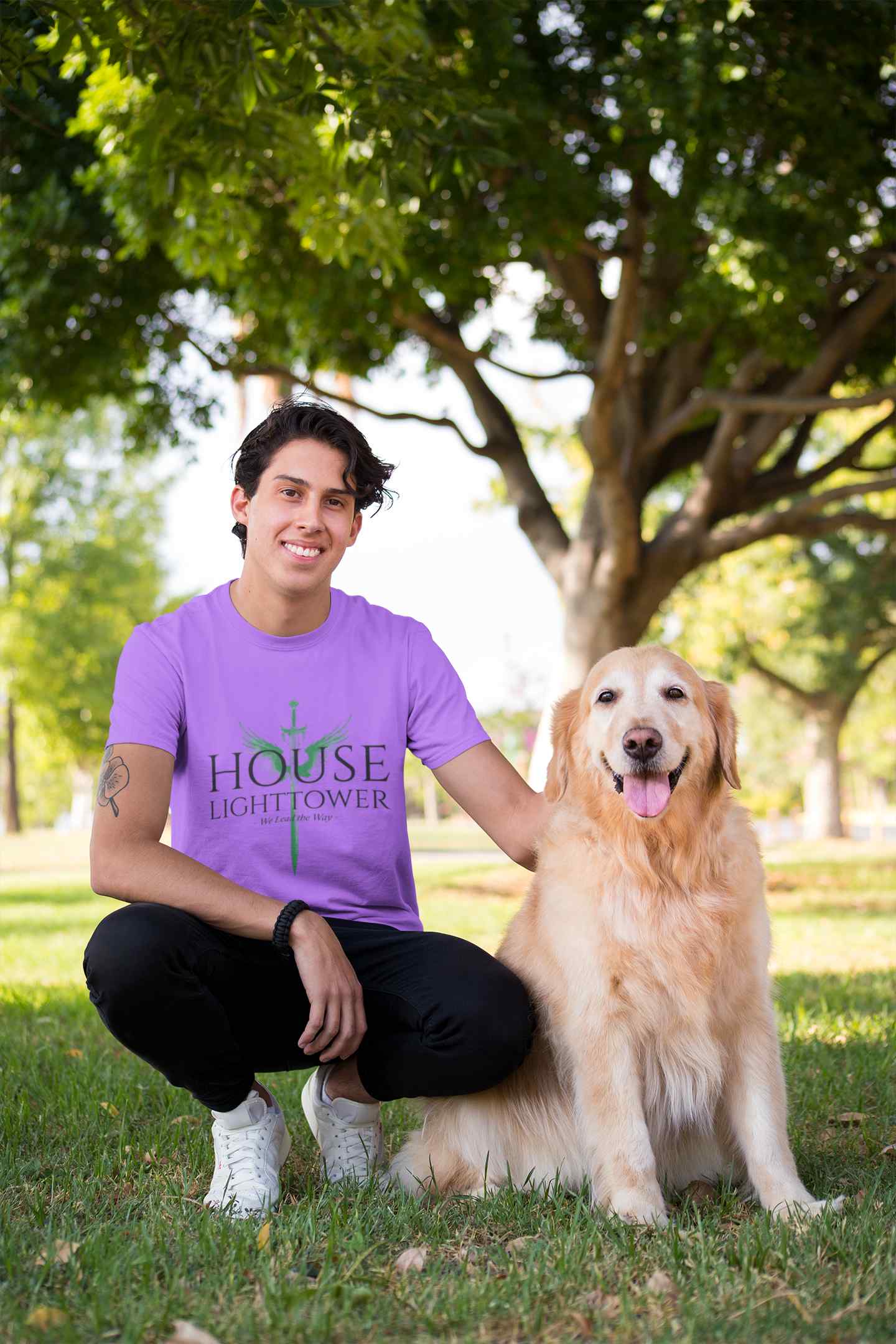 shirt mockup of a man crouching next to his dog 28049 7