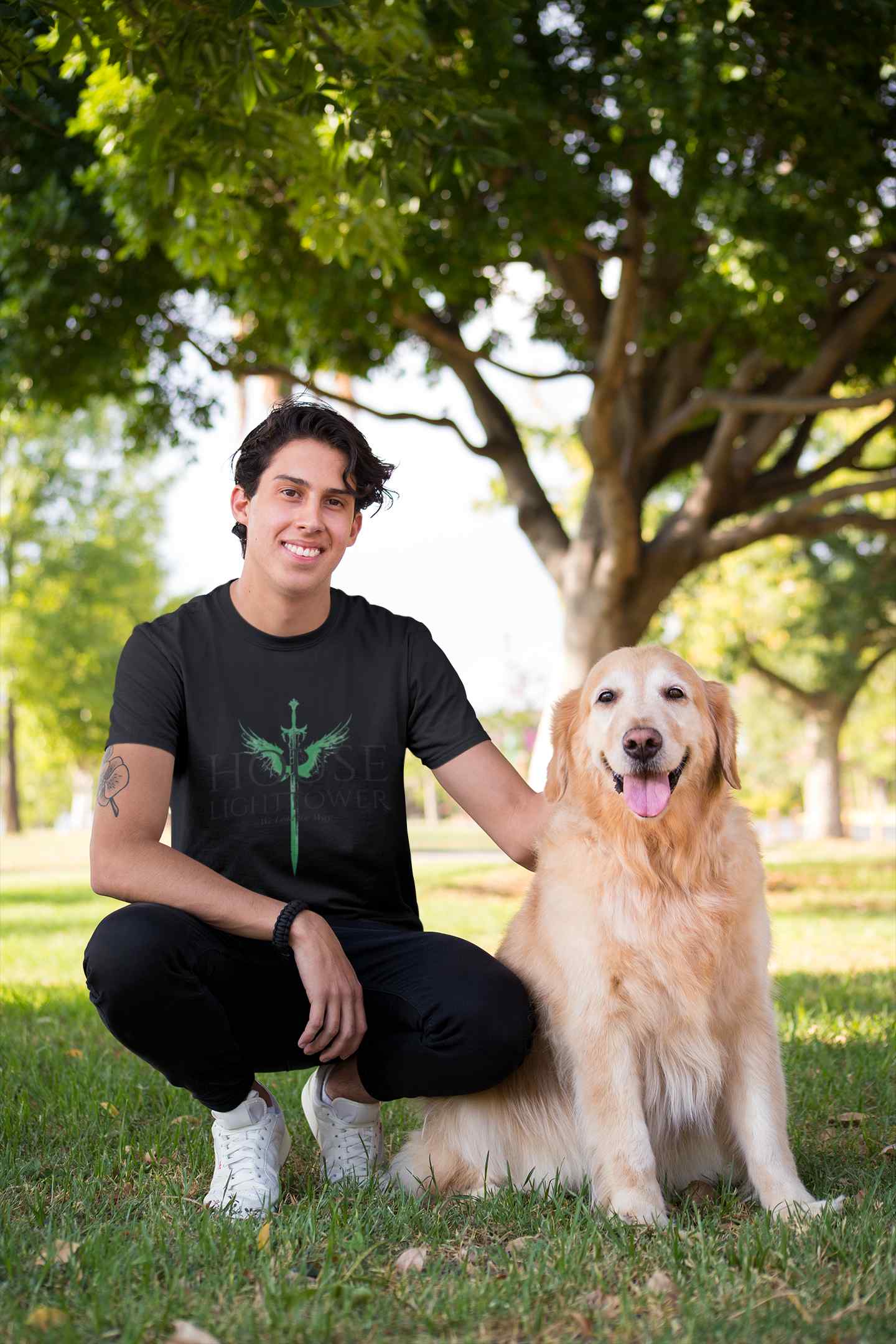 shirt mockup of a man crouching next to his dog 28049 8