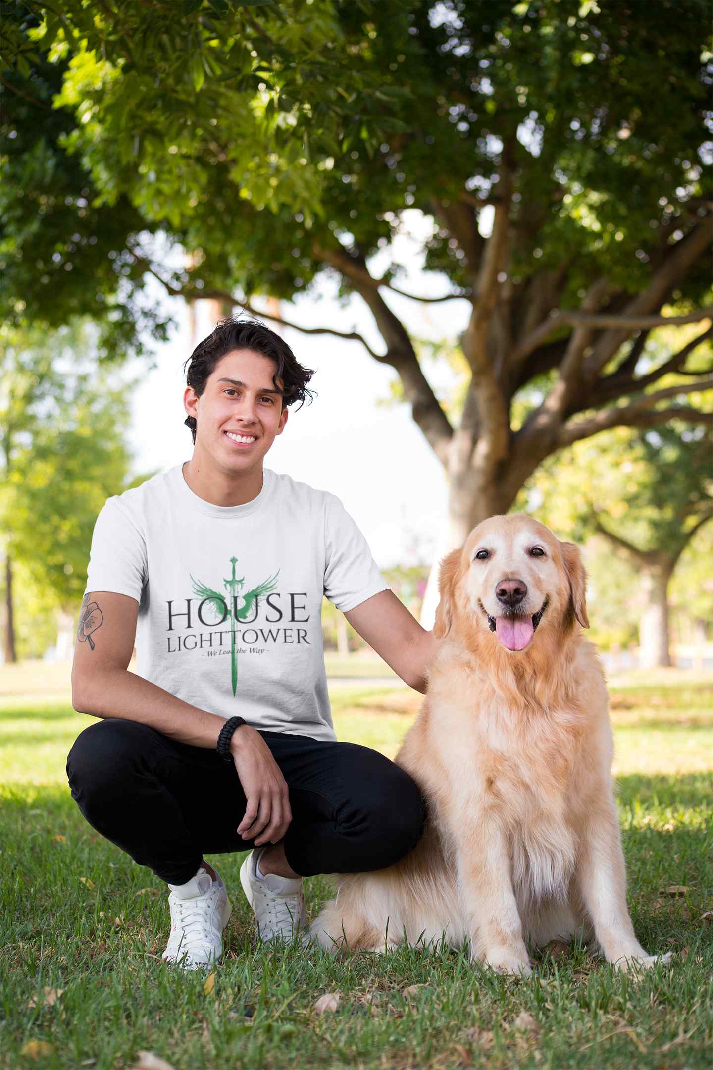 shirt mockup of a man crouching next to his dog 28049 9