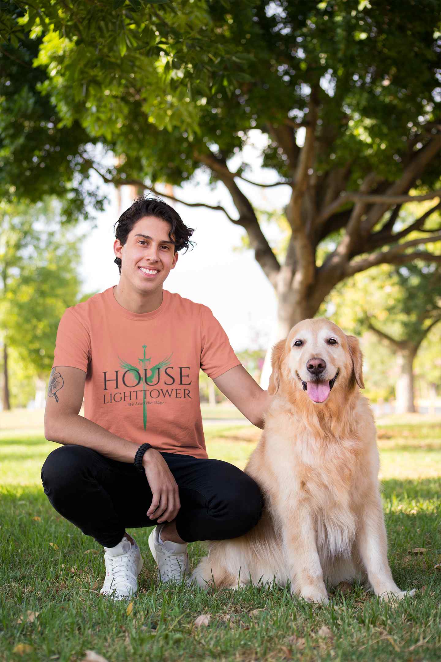 shirt mockup of a man crouching next to his dog 28049