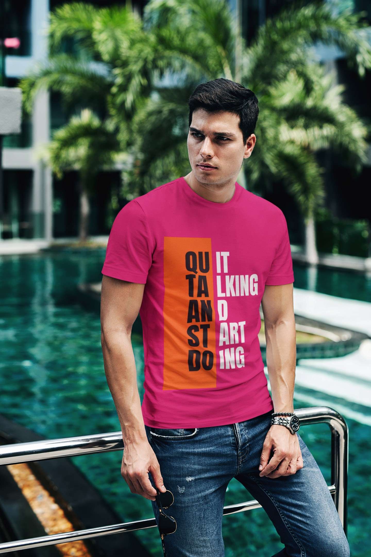 t shirt mockup of a fashionable man posing by a pool 430 el 2