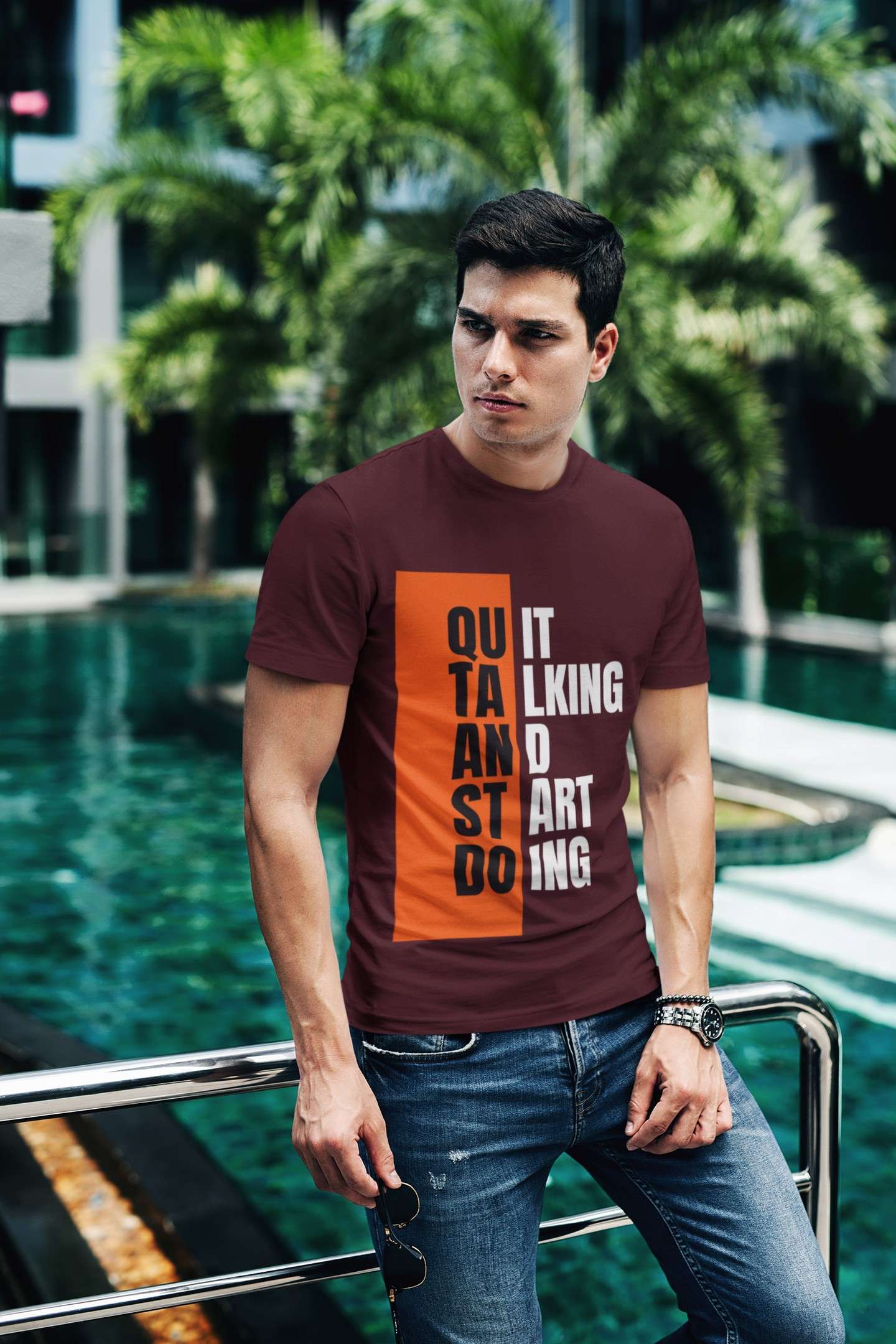 t shirt mockup of a fashionable man posing by a pool 430 el 4