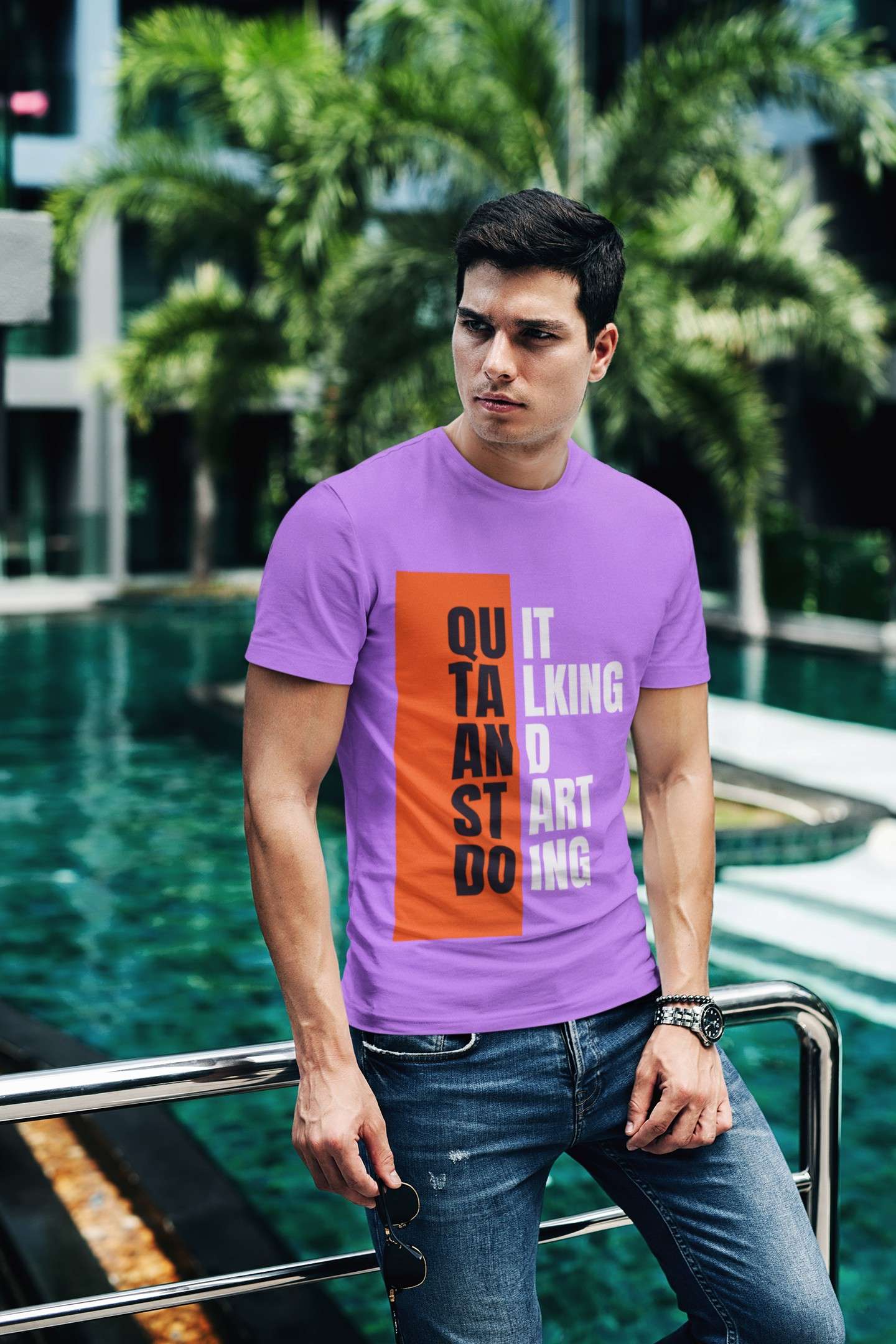 t shirt mockup of a fashionable man posing by a pool 430 el 7