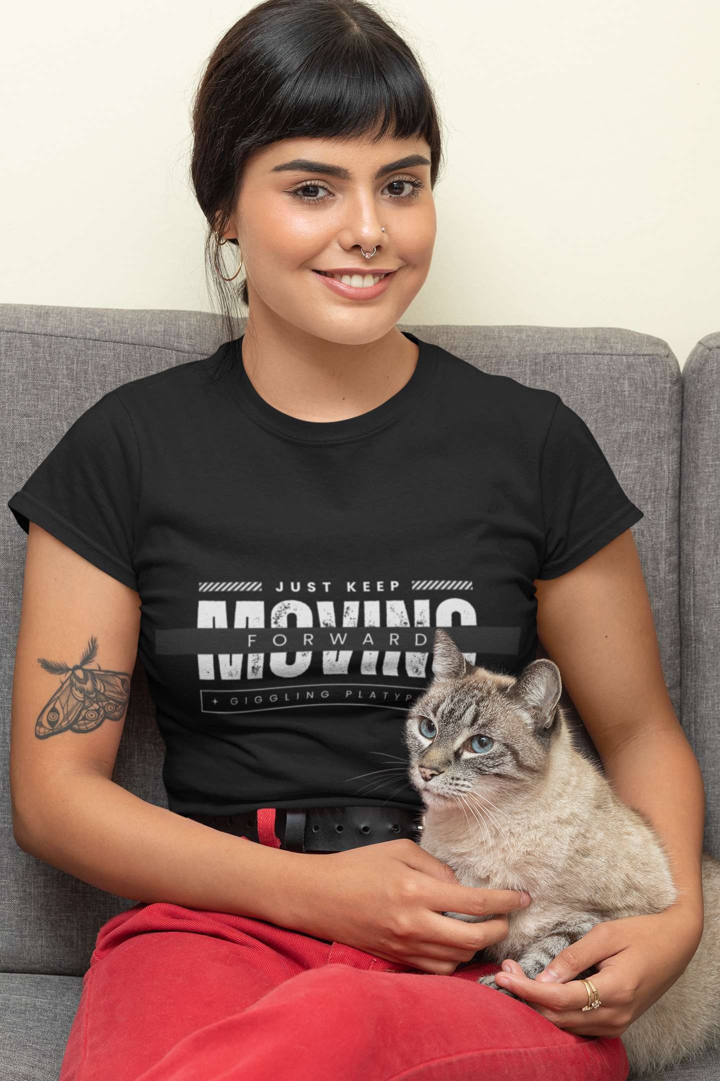 t shirt mockup of a woman posing with her cat 30676 9