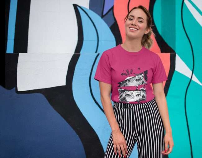 tee mockup of a smiling girl in front of a wall with colorful illustrations 26646 6