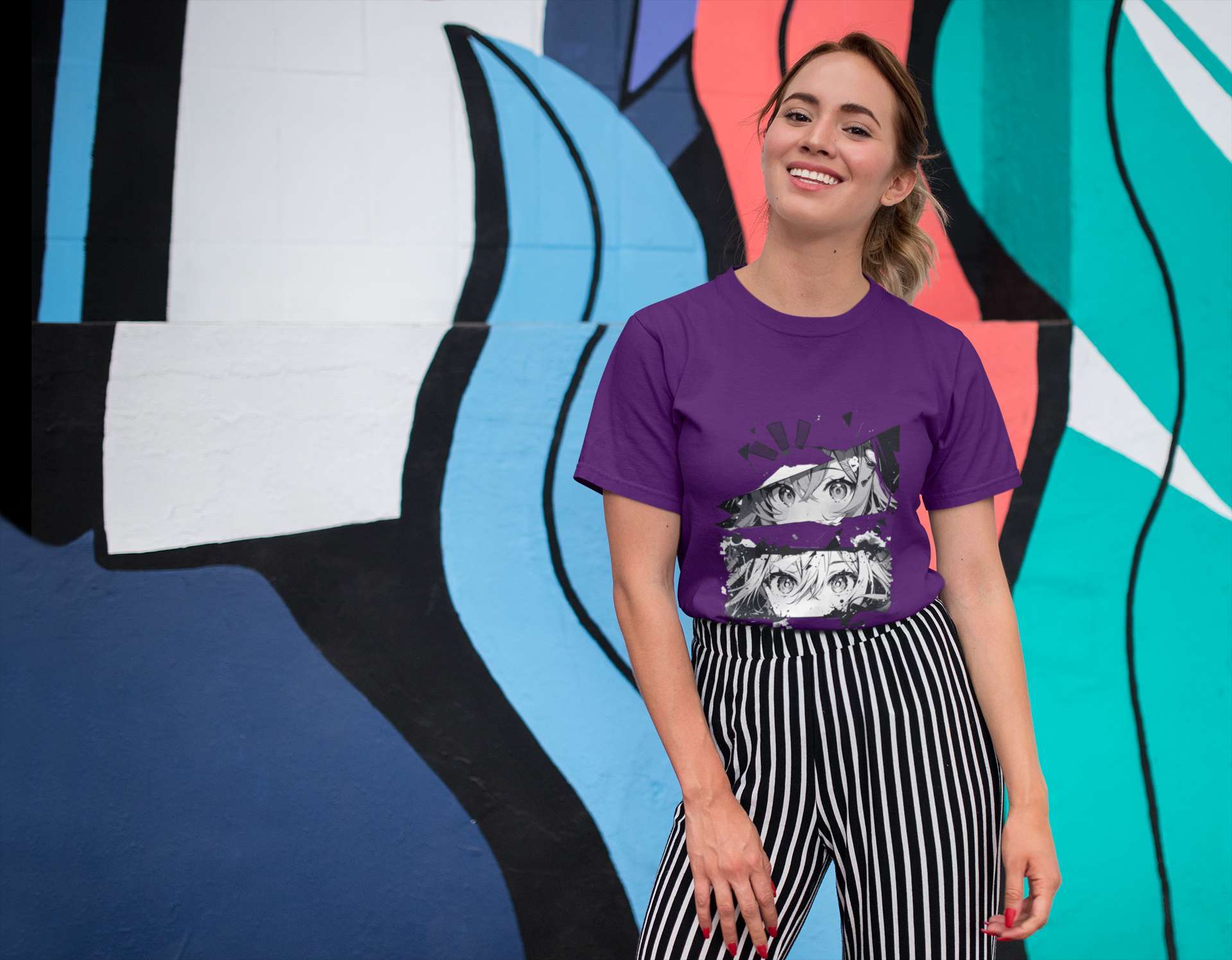 tee mockup of a smiling girl in front of a wall with colorful illustrations 26646 7